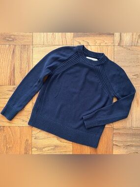 LOFT Navy Crewneck Sweater with Ribbed Panels